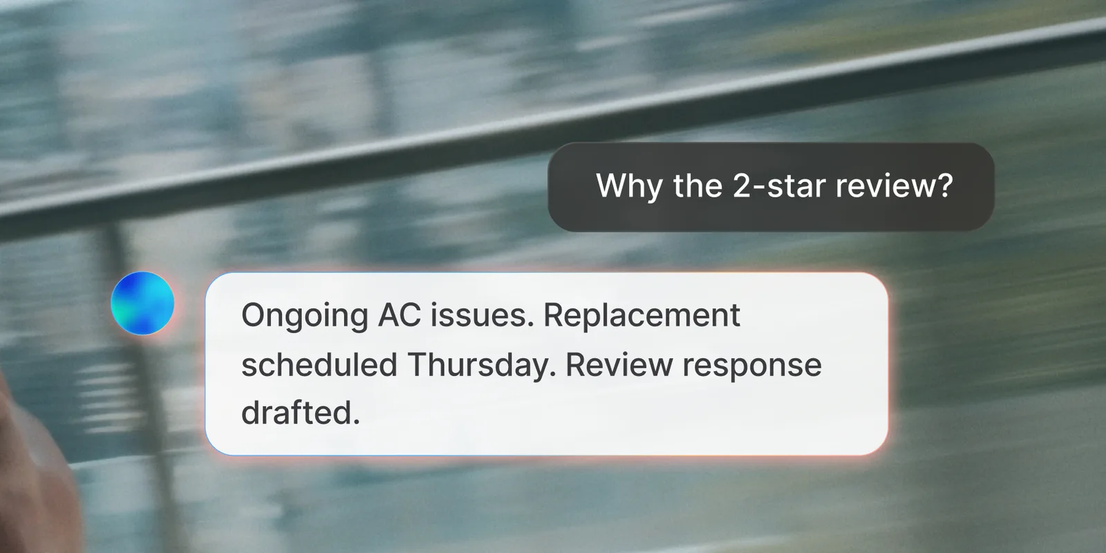 An owner texts “Why the 2-star review?” and the agent replies “Ongoing AC issues. Replacement scheduled Thursday. Review response drafted.”